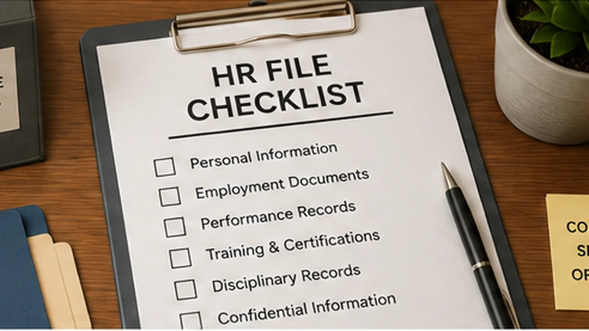 HR onboarding checklist and organized employee records for a new hire process