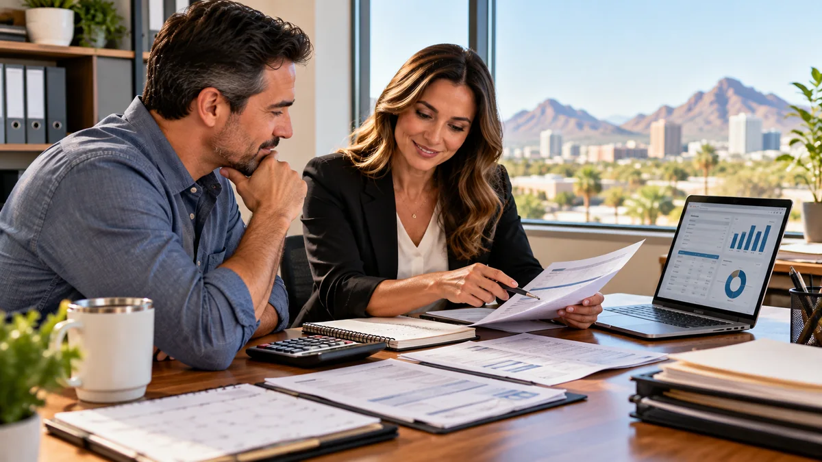 Phoenix small-business owner reviewing payroll reports with an HR payroll professional in a modern office